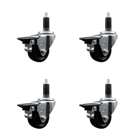 Service Caster 3'' Hard Rubber Swivel 1-1/8'' Expanding Stem Caster Set with Brake, 4PK SCC-EX20S314-HRS-PLB-118-4